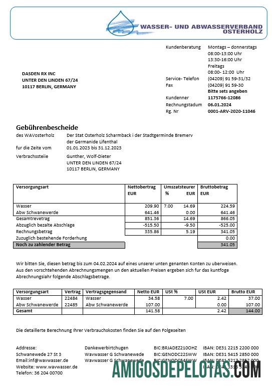 Em branco modelo de fatura de serviços públicos Wavwasser da Alemanha em formatos Word e PDF